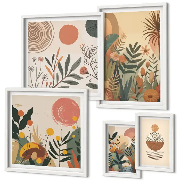 Conjunto de 5 quadros decorativos com motivos abstratos de plantas boho