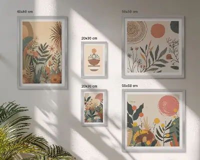 Conjunto de 5 quadros decorativos com motivos abstratos de plantas boho