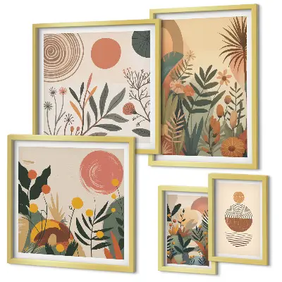 Conjunto de 5 quadros decorativos com motivos abstratos de plantas boho