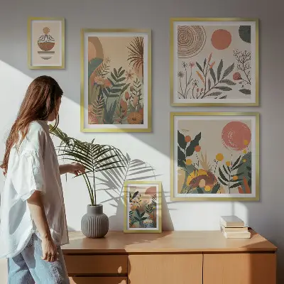 Conjunto de 5 quadros decorativos com motivos abstratos de plantas boho