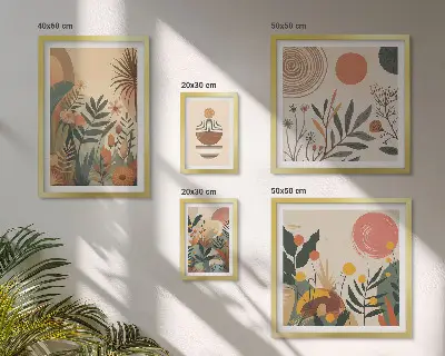 Conjunto de 5 quadros decorativos com motivos abstratos de plantas boho