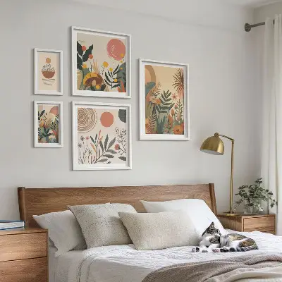 Conjunto de 5 quadros decorativos com motivos abstratos de plantas boho
