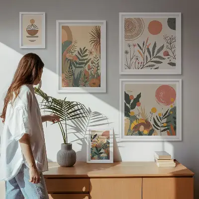 Conjunto de 5 quadros decorativos com motivos abstratos de plantas boho