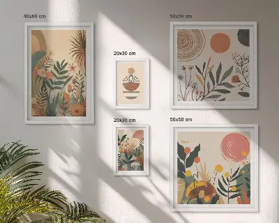 Conjunto de 5 quadros decorativos com motivos abstratos de plantas boho
