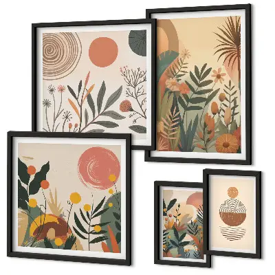 Conjunto de 5 quadros decorativos com motivos abstratos de plantas boho