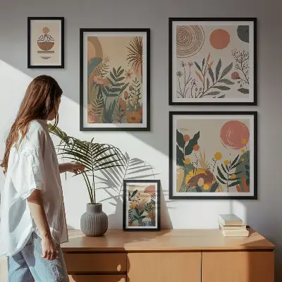 Conjunto de 5 quadros decorativos com motivos abstratos de plantas boho
