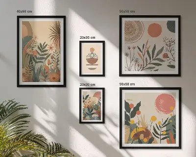 Conjunto de 5 quadros decorativos com motivos abstratos de plantas boho