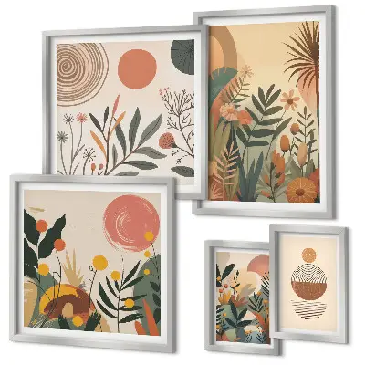 Conjunto de 5 quadros decorativos com motivos abstratos de plantas boho