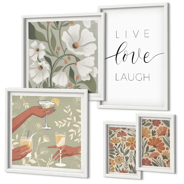 Conjunto de 5 quadros com moldura com estampas de slogans e gráficos florais