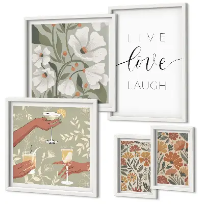 Conjunto de 5 quadros com moldura com estampas de slogans e gráficos florais
