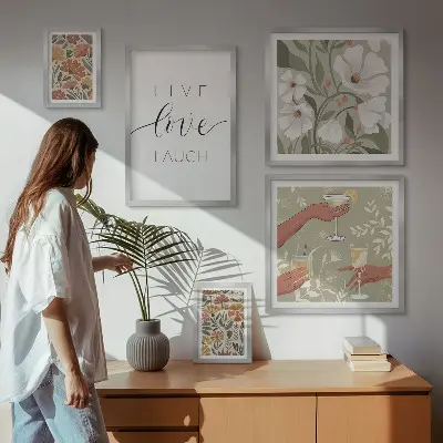 Conjunto de 5 quadros com moldura com estampas de slogans e gráficos florais