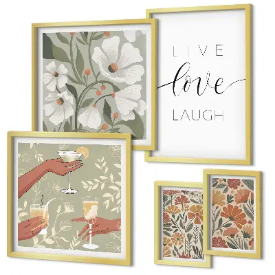 Conjunto de 5 quadros com moldura com estampas de slogans e gráficos florais