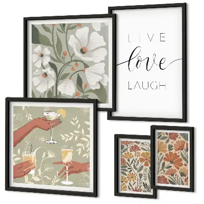 Conjunto de 5 quadros com moldura com estampas de slogans e gráficos florais