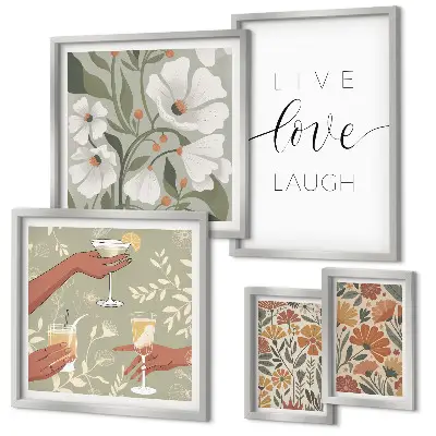 Conjunto de 5 quadros com moldura com estampas de slogans e gráficos florais