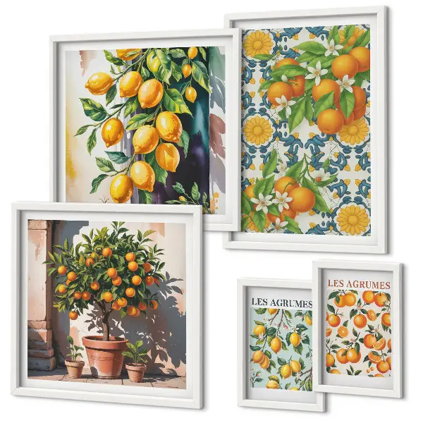 Galeria de quadros para parede com ilustrações vintage de frutas cítricas e flores