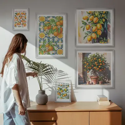Galeria de quadros para parede com ilustrações vintage de frutas cítricas e flores