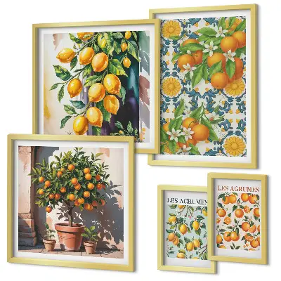 Galeria de quadros para parede com ilustrações vintage de frutas cítricas e flores