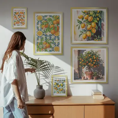 Galeria de quadros para parede com ilustrações vintage de frutas cítricas e flores