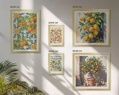 Galeria de quadros para parede com ilustrações vintage de frutas cítricas e flores
