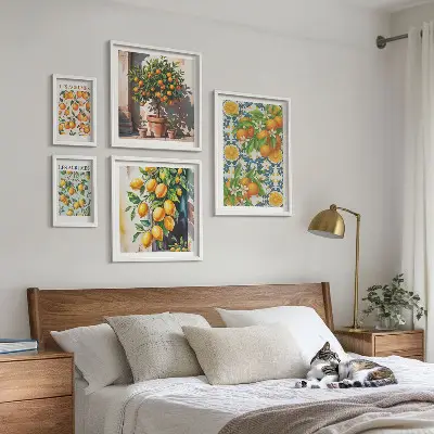 Galeria de quadros para parede com ilustrações vintage de frutas cítricas e flores