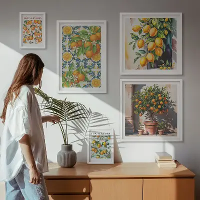Galeria de quadros para parede com ilustrações vintage de frutas cítricas e flores