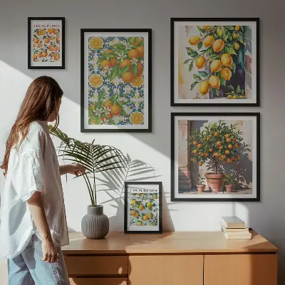 Galeria de quadros para parede com ilustrações vintage de frutas cítricas e flores