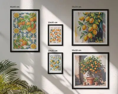 Galeria de quadros para parede com ilustrações vintage de frutas cítricas e flores