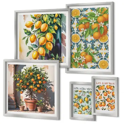 Galeria de quadros para parede com ilustrações vintage de frutas cítricas e flores