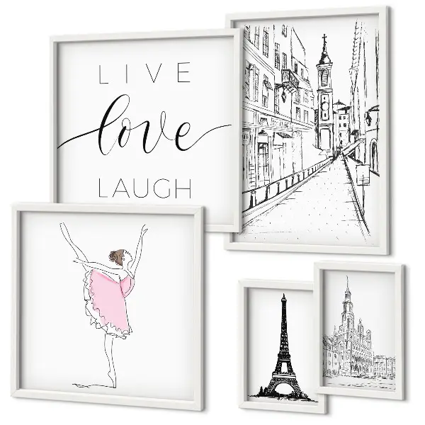 Conjunto de 5 quadros com moldura com estampas de inspirações parisienses elegantes