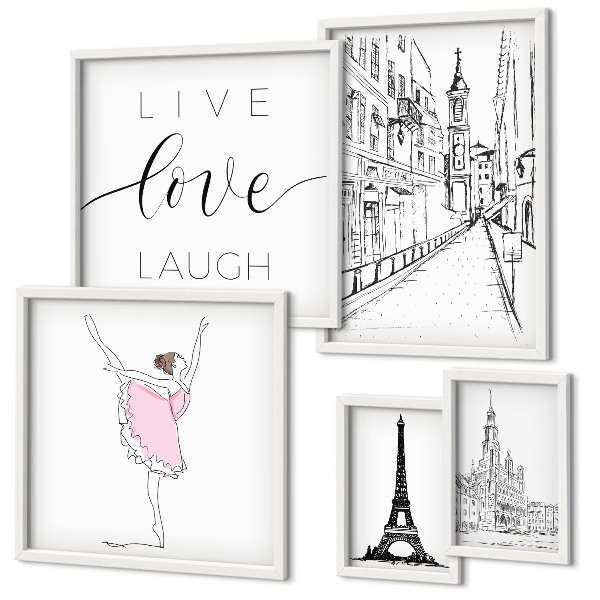 Conjunto de 5 quadros com moldura Inspirações parisienses elegantes