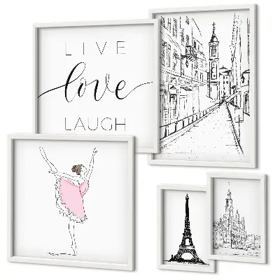 Conjunto de 5 quadros com moldura com estampas de inspirações parisienses elegantes