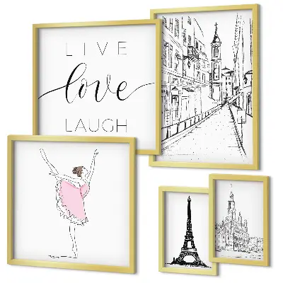 Conjunto de 5 quadros com moldura com estampas de inspirações parisienses elegantes