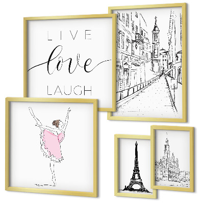 Conjunto de 5 quadros com moldura Inspirações parisienses elegantes