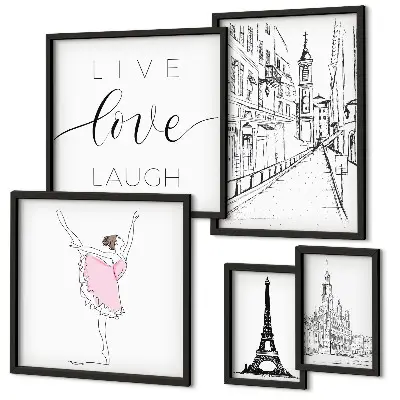 Conjunto de 5 quadros com moldura com estampas de inspirações parisienses elegantes