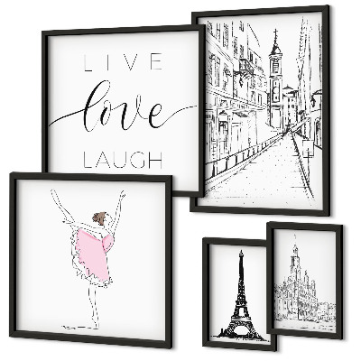 Conjunto de 5 quadros com moldura Inspirações parisienses elegantes