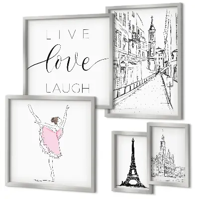 Conjunto de 5 quadros com moldura com estampas de inspirações parisienses elegantes