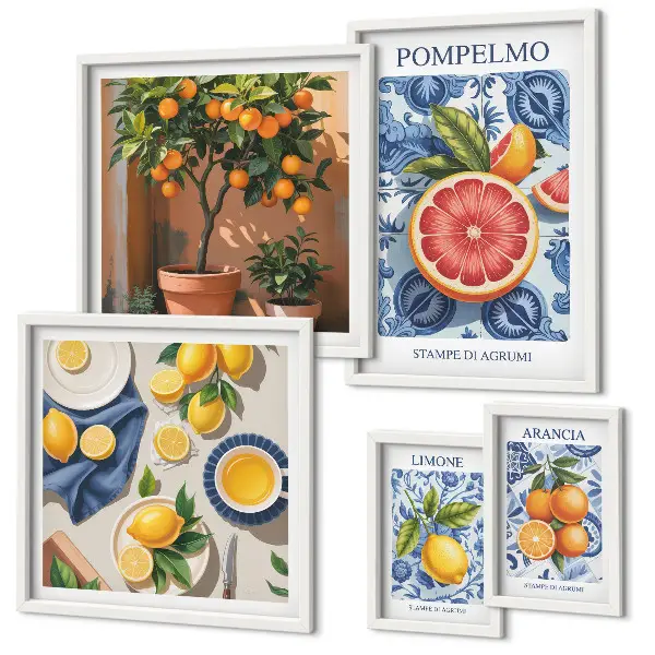 Conjunto de 5 quadros decorativos com estampas vintage cítricas