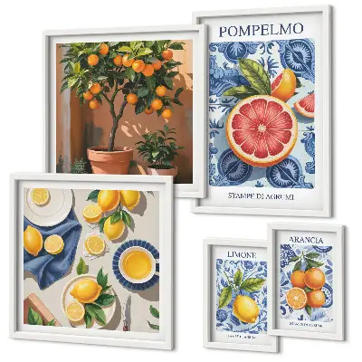 Conjunto de 5 quadros decorativos com estampas vintage cítricas