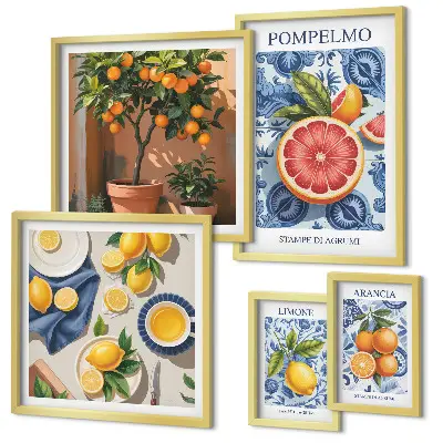 Conjunto de 5 quadros decorativos com estampas vintage cítricas