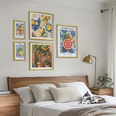 Conjunto de 5 quadros decorativos com estampas vintage cítricas