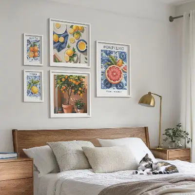 Conjunto de 5 quadros decorativos com estampas vintage cítricas