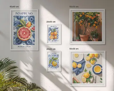 Conjunto de 5 quadros decorativos com estampas vintage cítricas