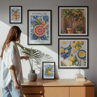 Conjunto de 5 quadros decorativos com estampas vintage cítricas