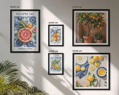 Conjunto de 5 quadros decorativos com estampas vintage cítricas