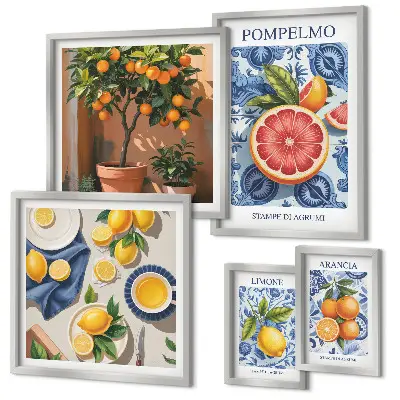 Conjunto de 5 quadros decorativos com estampas vintage cítricas