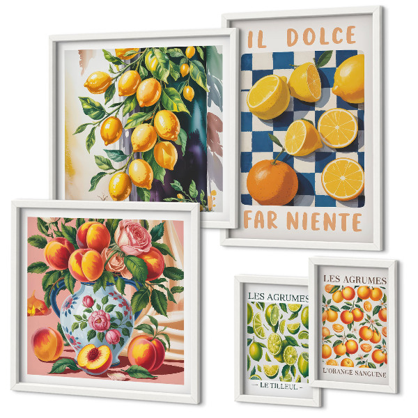 Conjunto de 5 quadros com moldura Cítricos retrô na cozinha