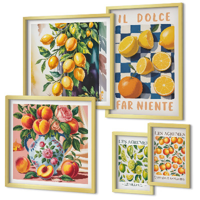 Conjunto de 5 quadros com moldura Cítricos retrô na cozinha