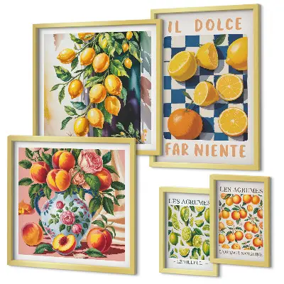 Conjunto de 5 quadros com moldura cítricos retrô para cozinha