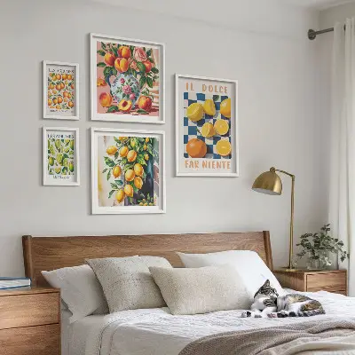 Conjunto de 5 quadros com moldura cítricos retrô para cozinha