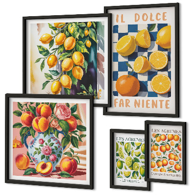 Conjunto de 5 quadros com moldura Cítricos retrô na cozinha